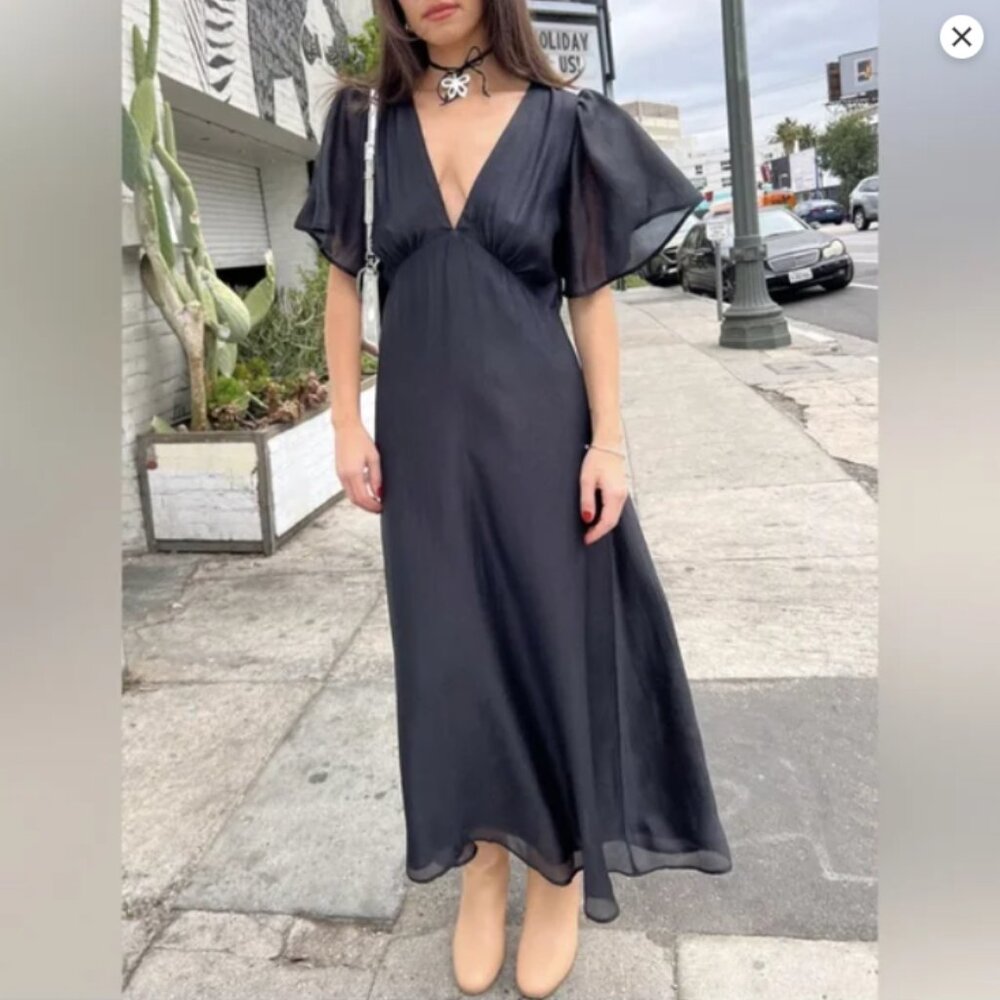 Elegant Black V-Neck Flutter Sleeve Maxi Dress